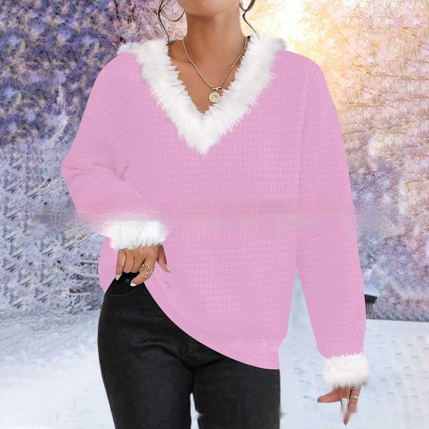 Autumn And Winter New Furry V-neck Solid Color Long Sleeve Sweater Top Women