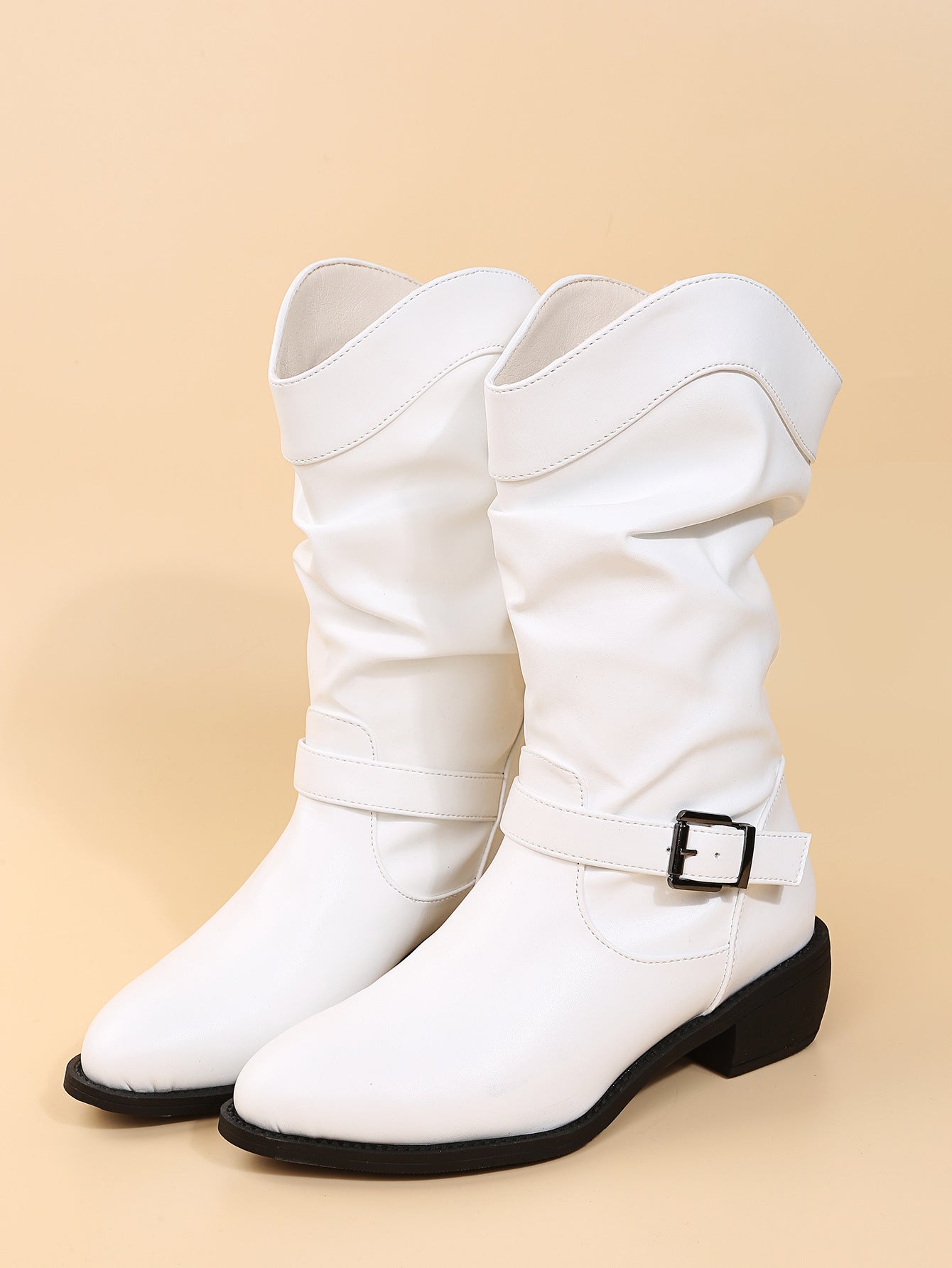 Large Size Pleated Belt Buckle Thick Heel Mid-tube Round Toe Rider Boots Women's