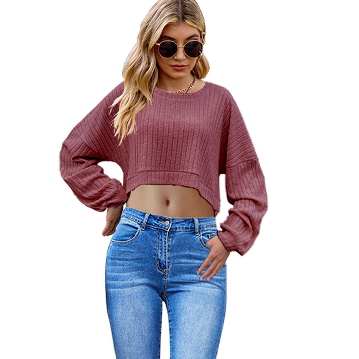 European And American Brushed Sunken Stripe Knitted Midriff-baring Long Sleeve Short T Women's Top