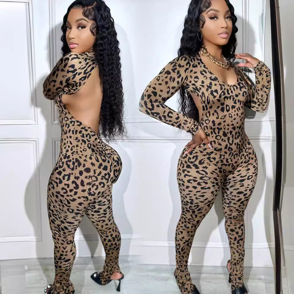 European And American Women's Clothing Casual Leopard Print Jumpsuit