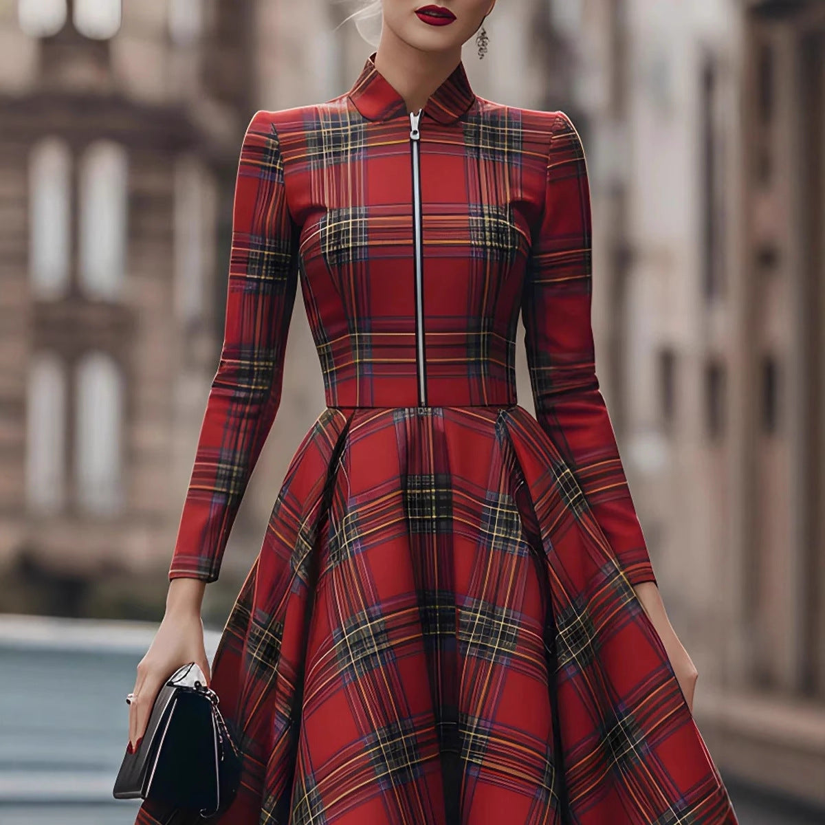 Stand-collar Long-sleeve Plaid Digital-print Zip-up Dress