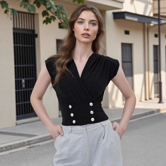 V-neck Layered Sleeveless Vest Featuring A Crossover Neckline Design And Double-row Pearl Buttons