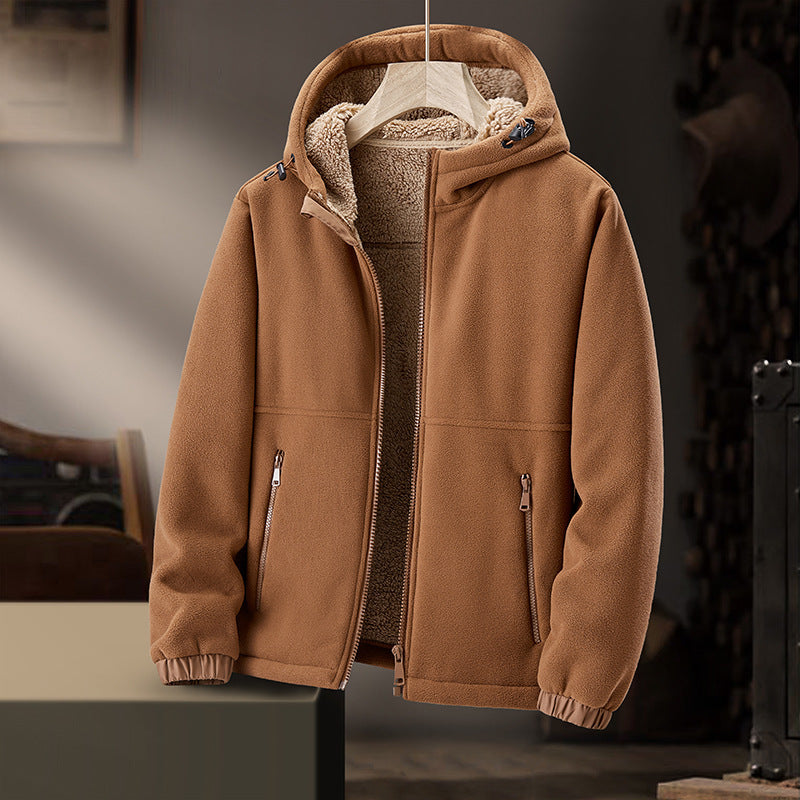 Men's Fleece Casual Hooded Lamb Wool Thickened Warm Cardigan Coat