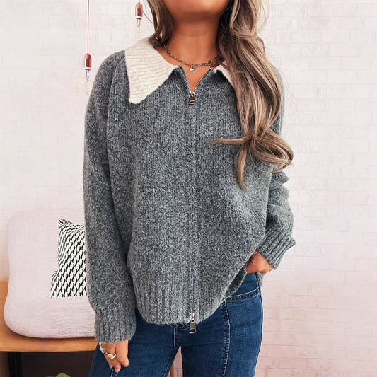 Cute Doll Collar Contrast Color Long Sleeves Zipper Casual Sweater