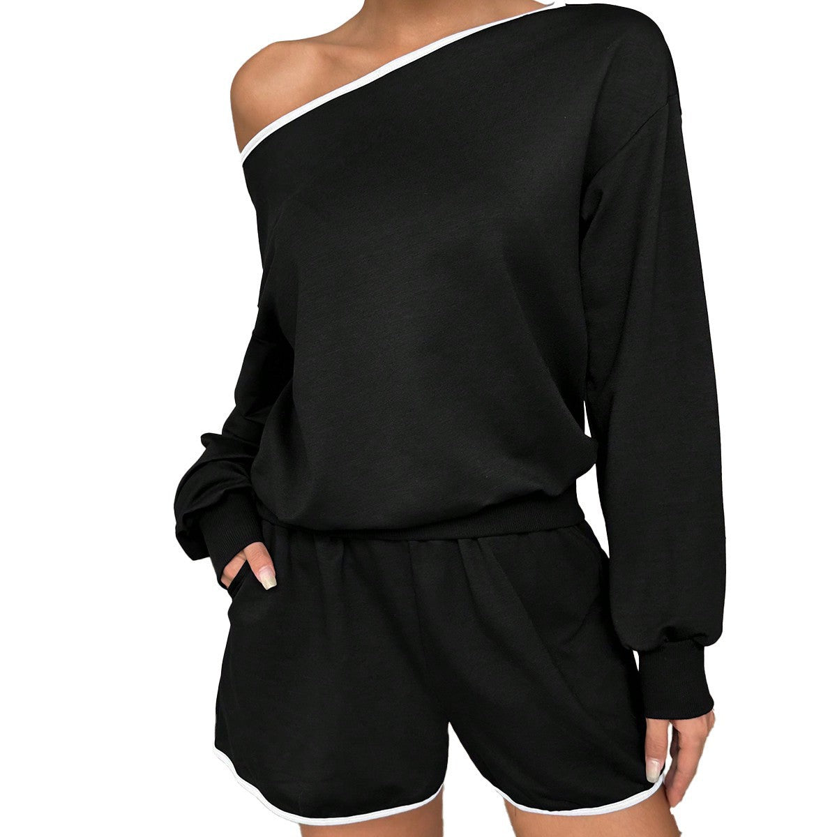 Womens Casual Off-shoulder Long-sleeve Shorts Set