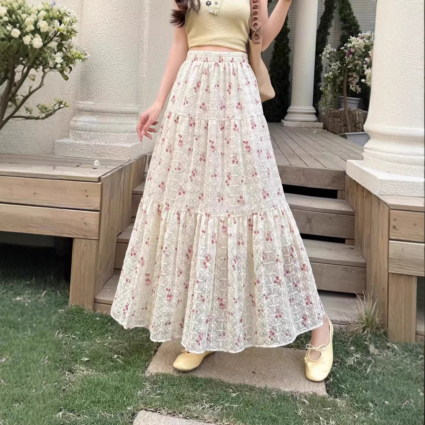 Thin Highwaisted Flattering Floral Midi Skirt For Women