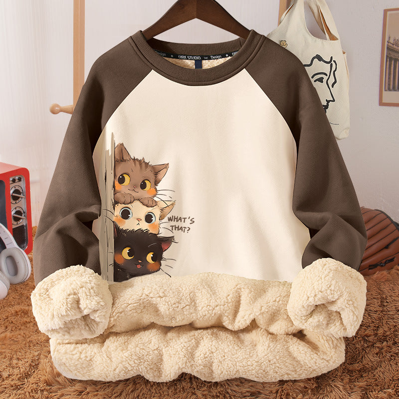 Women's Autumn And Winter Fleece-lined Thickened Hooded Berber Fleece Coat Contrast Color Raglan
