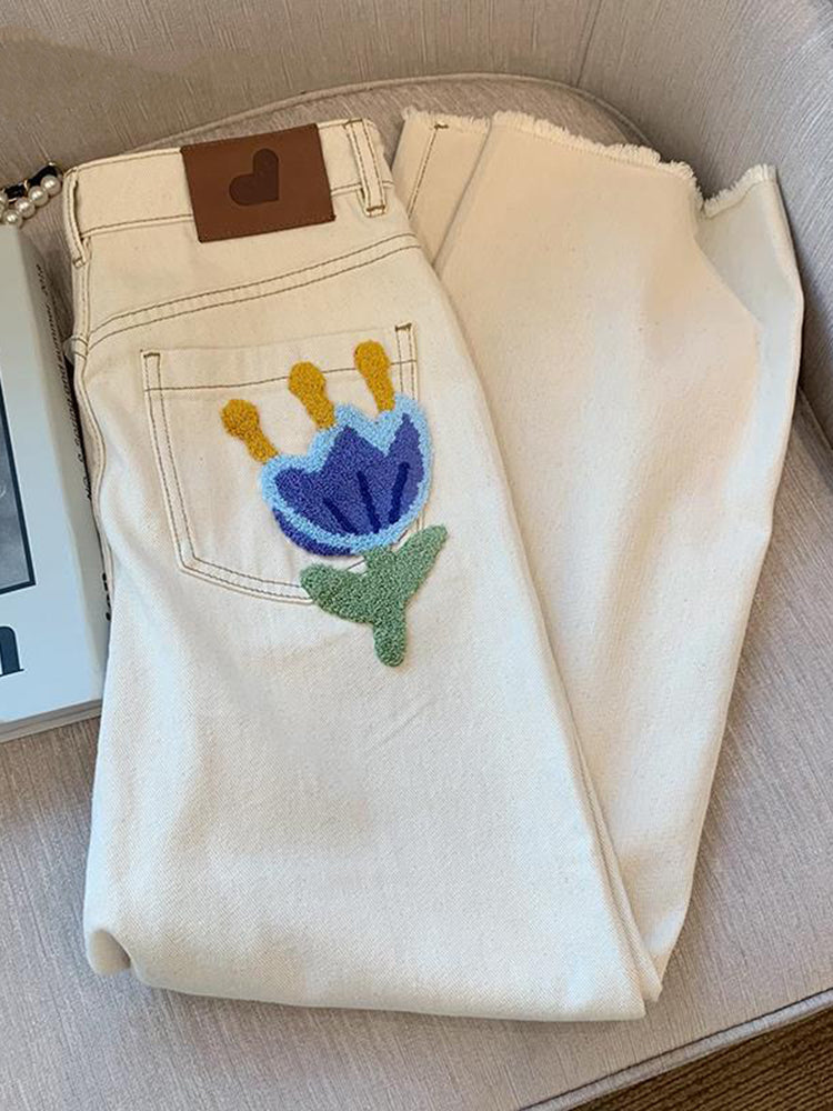 Women's Vintage Flocked White High Waist Jeans