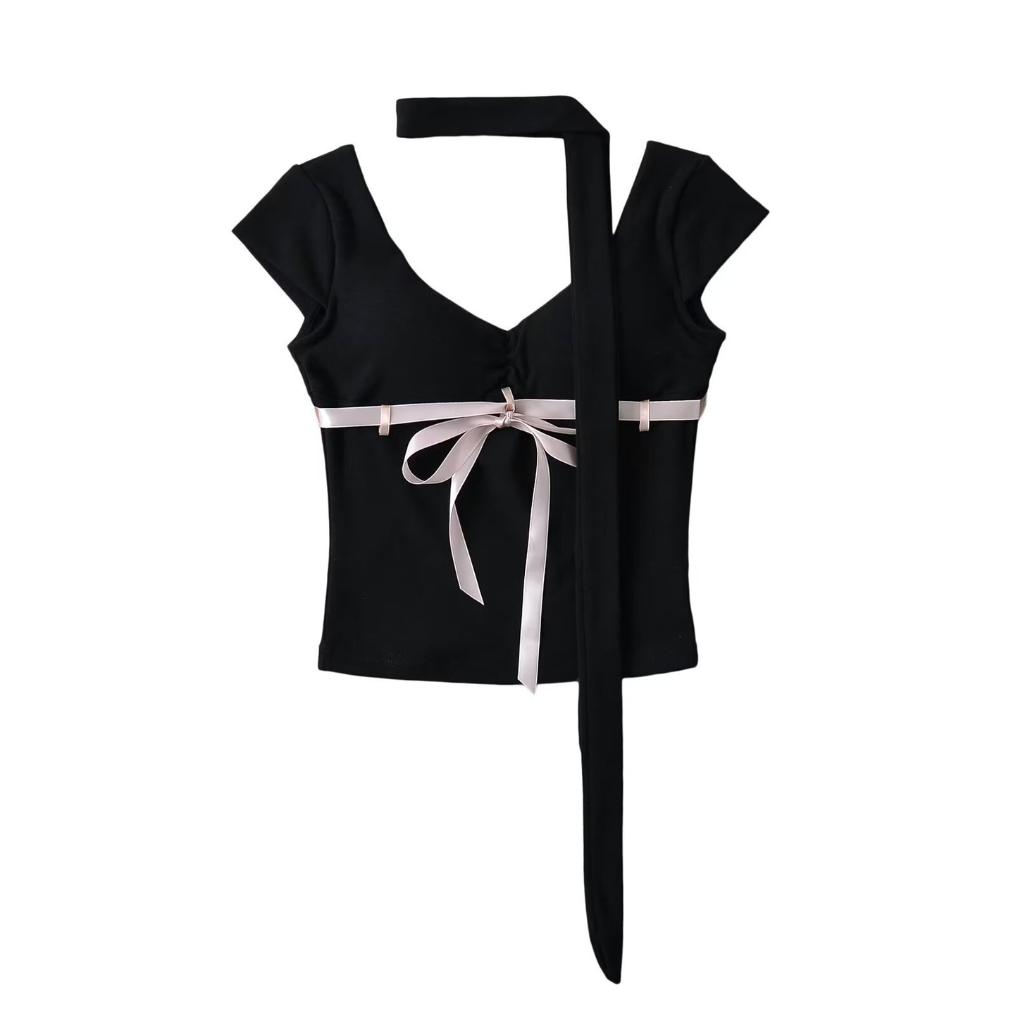 Hot Girl Niche Pure Desire V-neck Lace Up Tight Short-sleeved T-shirt