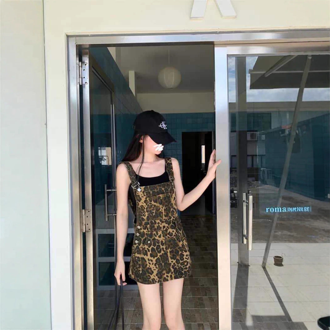 INS Leopard-print Denim Suspender Dress