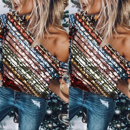 Lady Sexy Oblique Shoulder Color Sequined Top