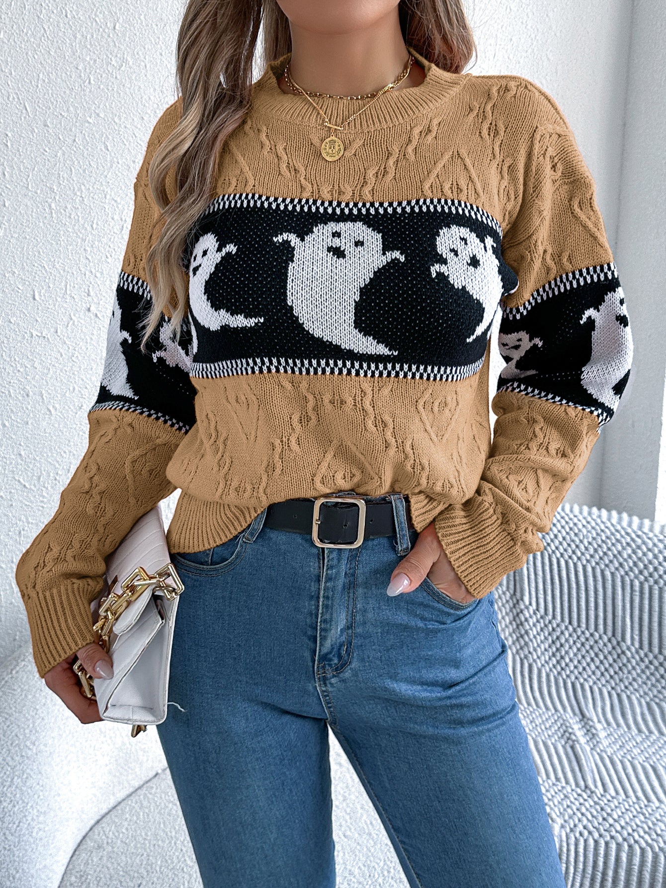 Women Ghost Color Block Long Sleeve Pullover Sweater