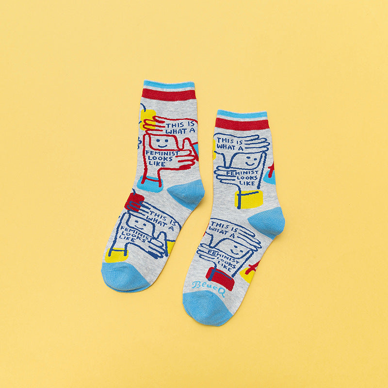 Personality Contrast Color Graffiti Women's Tube Socks Street Style Fashion Cotton Socks
