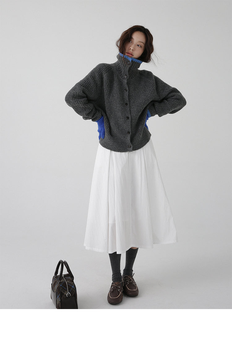 Color Blocking Collar Single Breasted Wool Knitted Cardigan Jacket