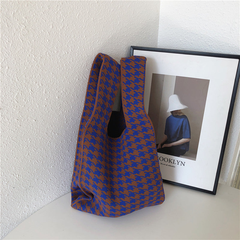 Checkerboard Wool Knit Woven One-shoulder Armpit Bag