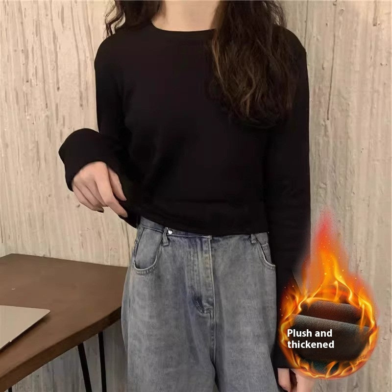 Plus Velvet Hvid Bundskjorte Dame Inder Match Mellemlang Løs T-shirt