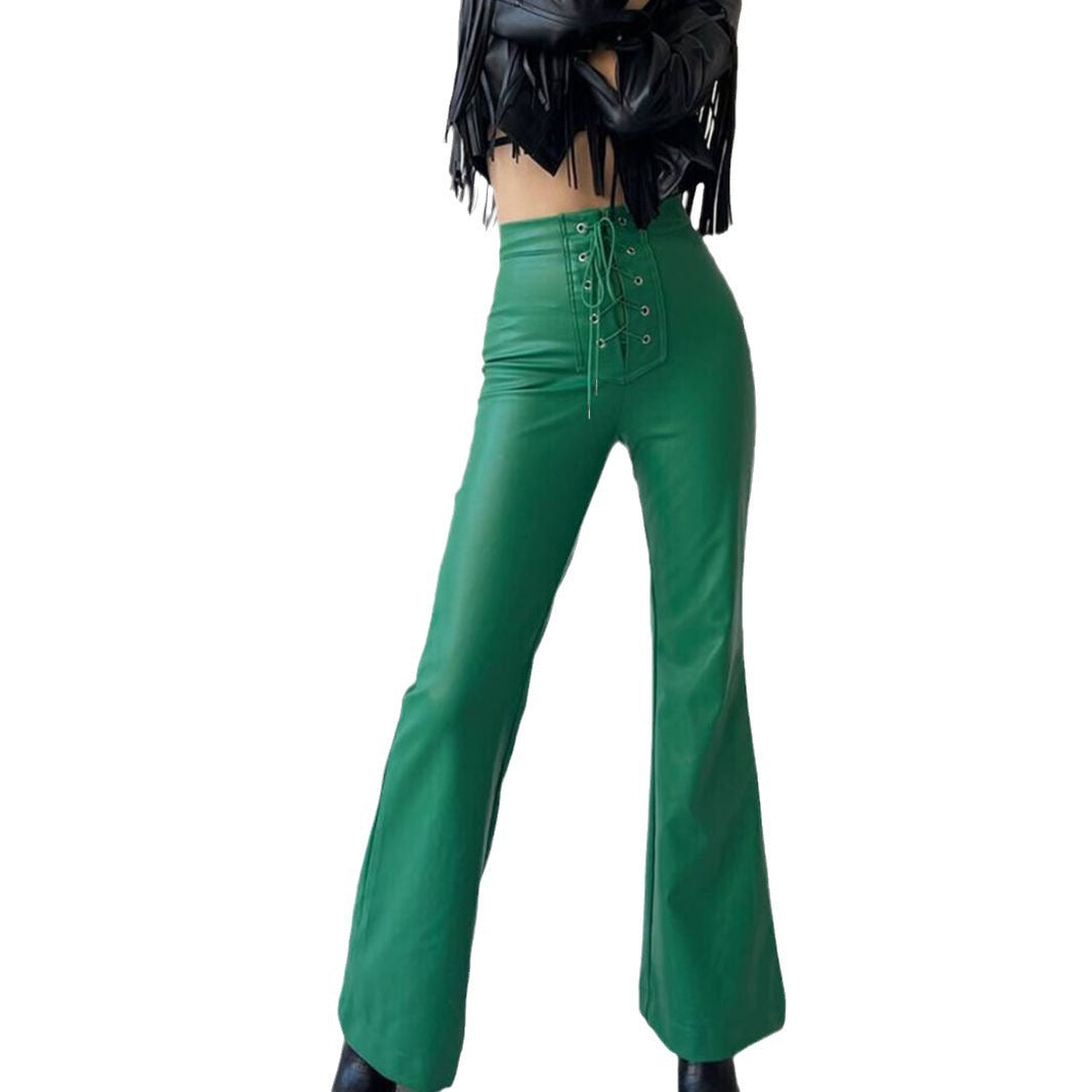 Women's Leather High Waist Stretch Metal Hole Lace-up Pants