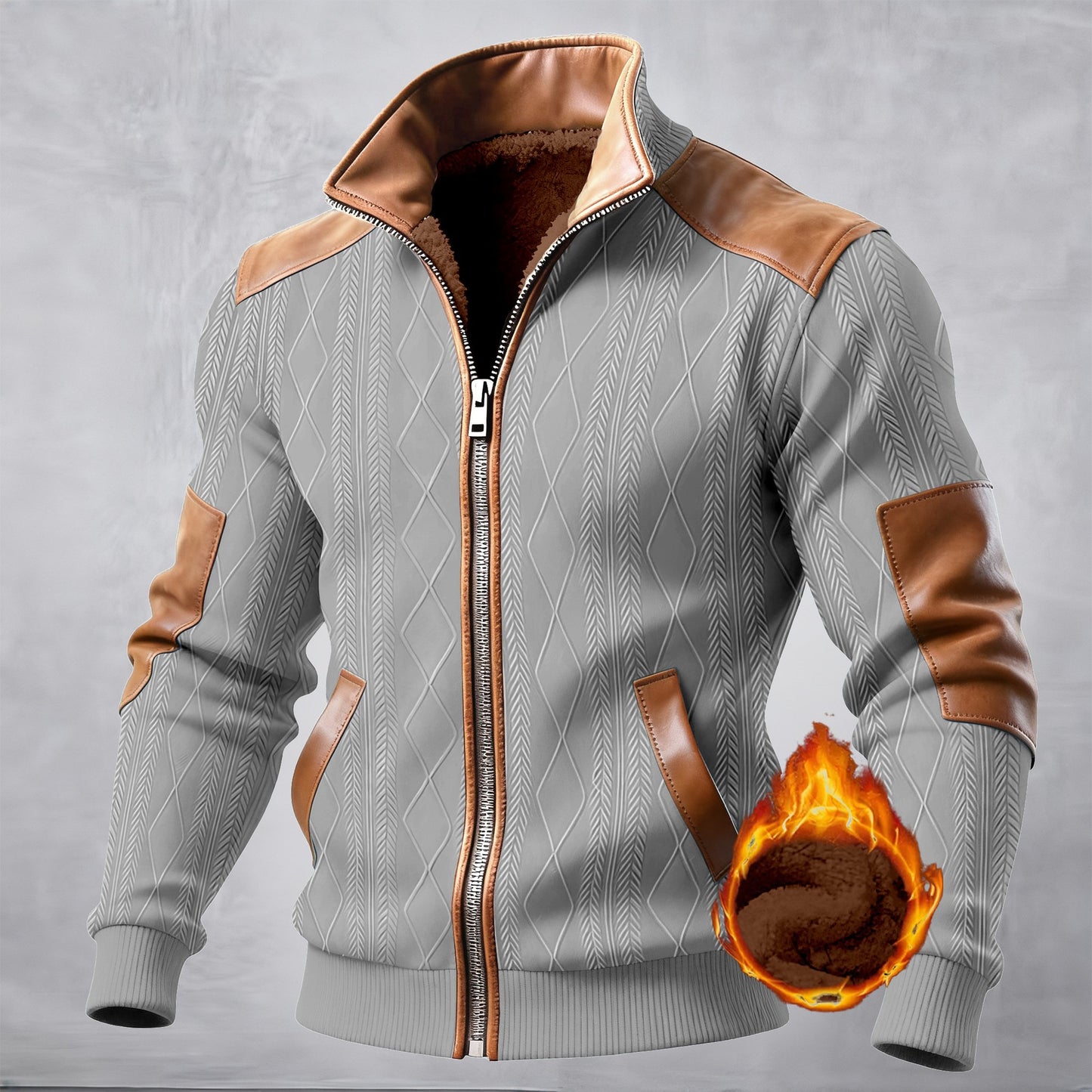 Color-block Textured Fleece-lined Zip-up Casual Jacket