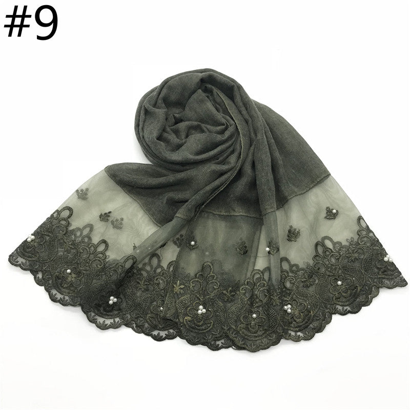 Cotton And Linen Solid Color Scarf, Two-end Lace, Set Pearl Toe Cap Scarf