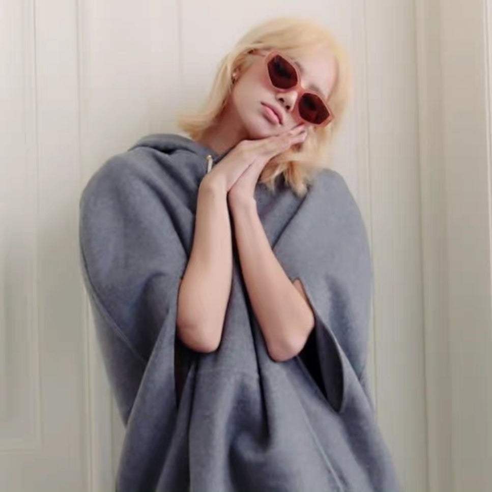 Women's Grey Hooded Cape Sweater Loose Pullover
