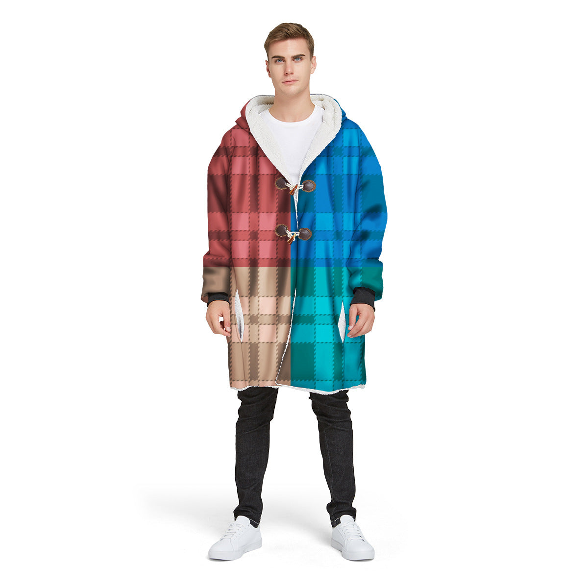 Fashion Plaid Men's Digital Printed Long Hooded Jacket
