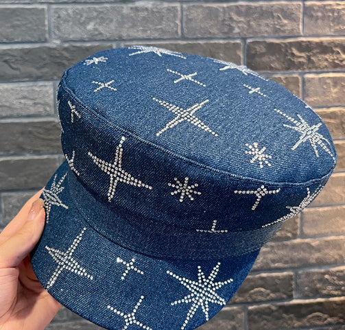 Denim Rhinestone XINGX Flat-top Cap Women's Spring Face Little Wild