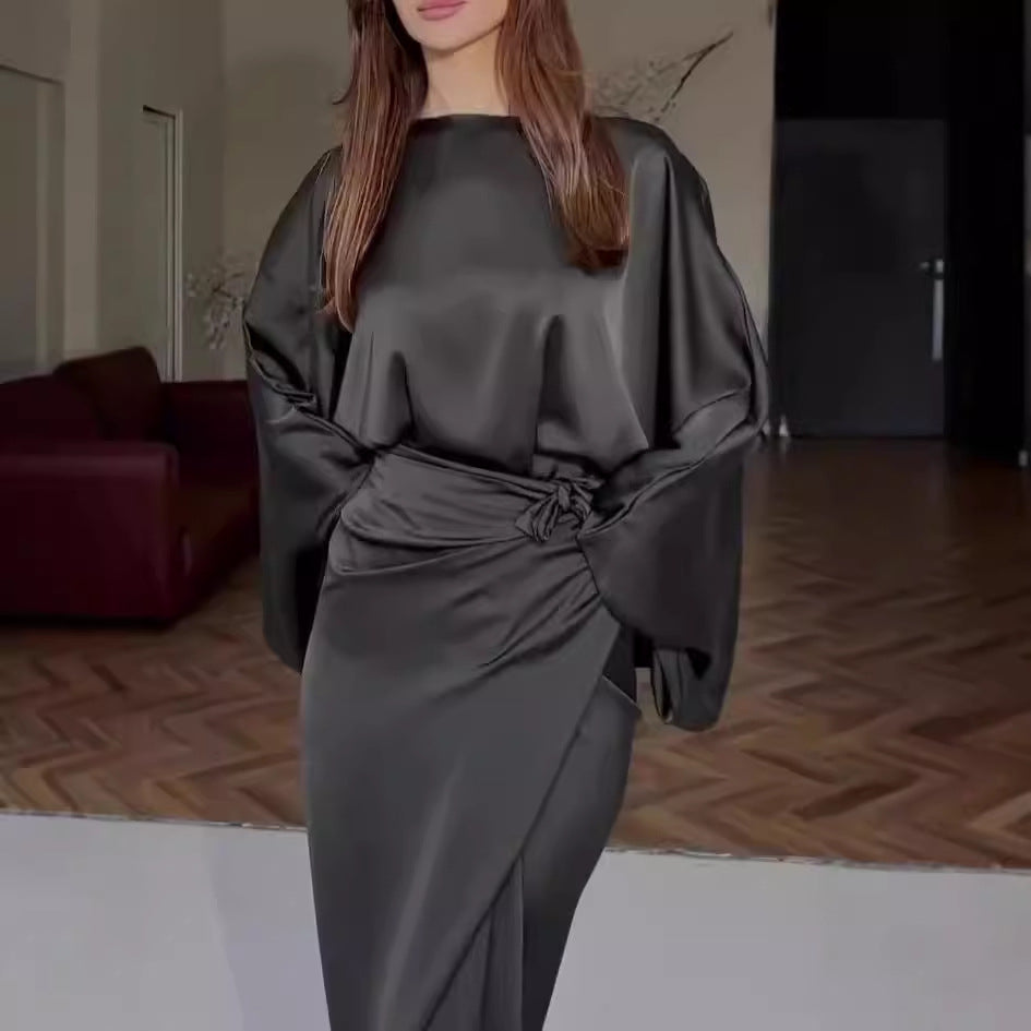Batwing Sleeve Belt Waist Slimming Solid Color Dress