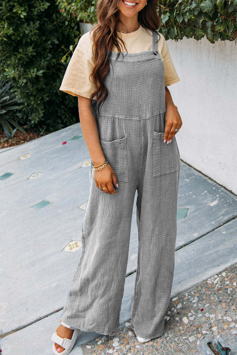 Summer Women's Casual Solid Color Pocket Square Collar Loose Overalls