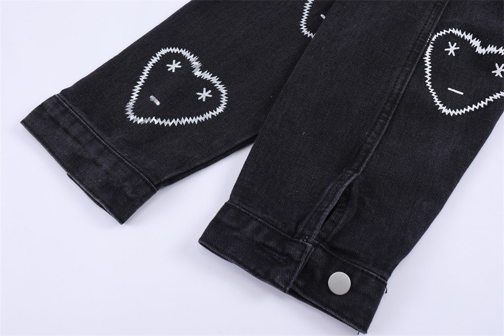 Love Full Printed Denim Clothing Loose Dimensional Patch Pocket Turn-down Collar Coat