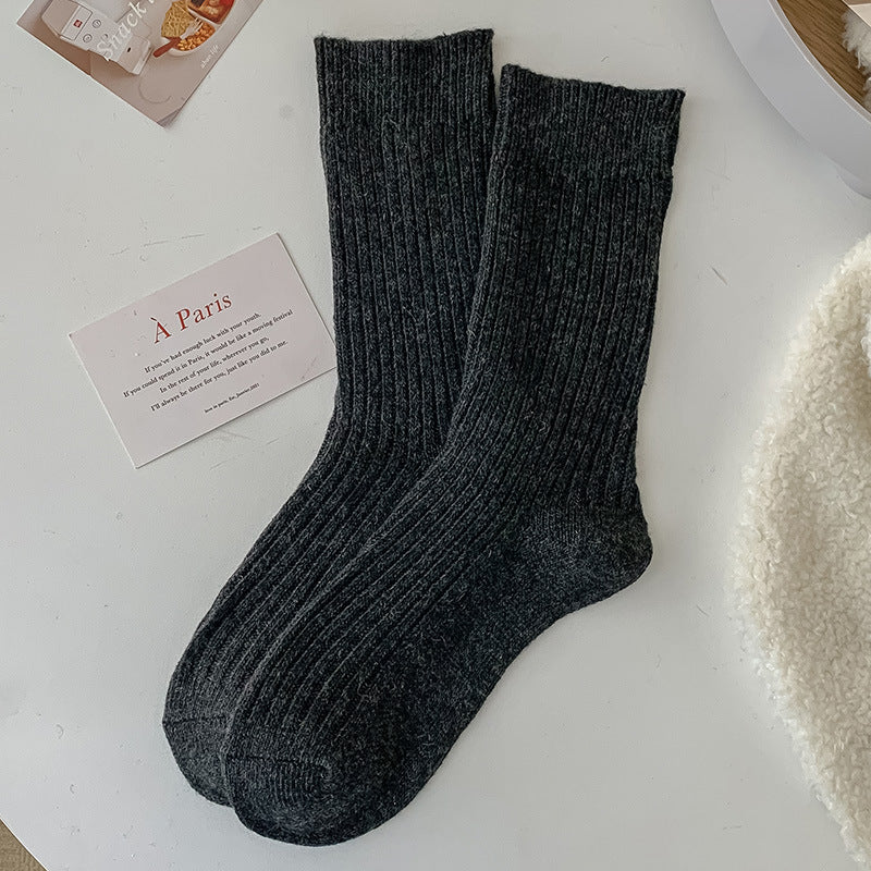 Solid-color Vertical-striped Wool Womens Socks For Fall And Winter