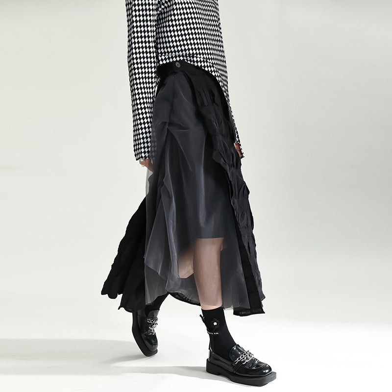 Gray Contrast Color Heavy Industry Stitching Mesh Pleats Skirt For Women
