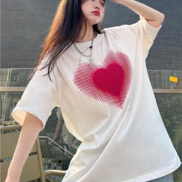 Womens Niche American-Style Heart-Print Short-Sleeve T-Shirt