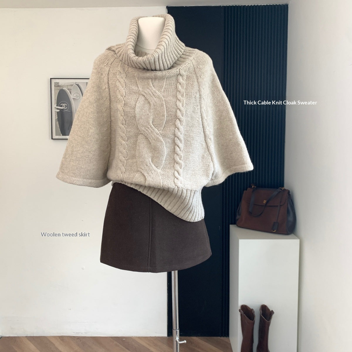 FallWinter Loose Turtleneck Knit Top And Wool Skirt Womens Set