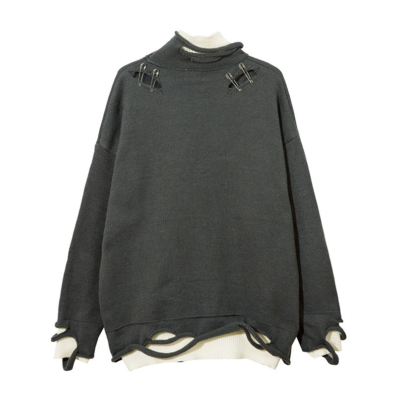 Fake Two-piece Color Matching Turtleneck Letter Cut Ripped Sweater