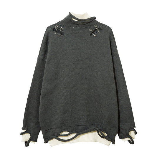 Fake Two-piece Color Matching Turtleneck Letter Cut Ripped Sweater
