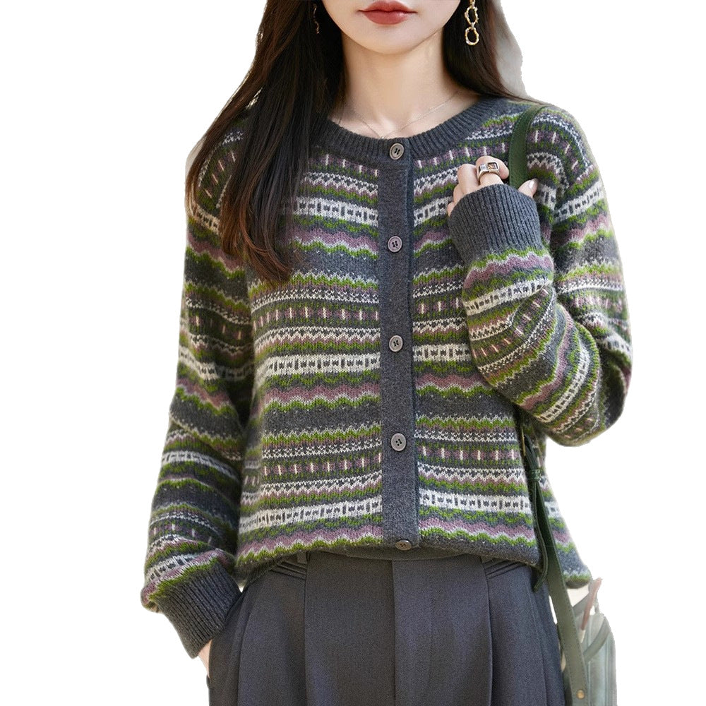 Womens Retro Jacquard Crew-Neck Long-Sleeve Sweater