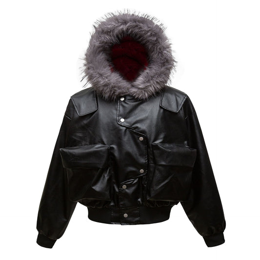 Men's Retro PU Leather Three-dimensional Pocket Cotton-padded Coat