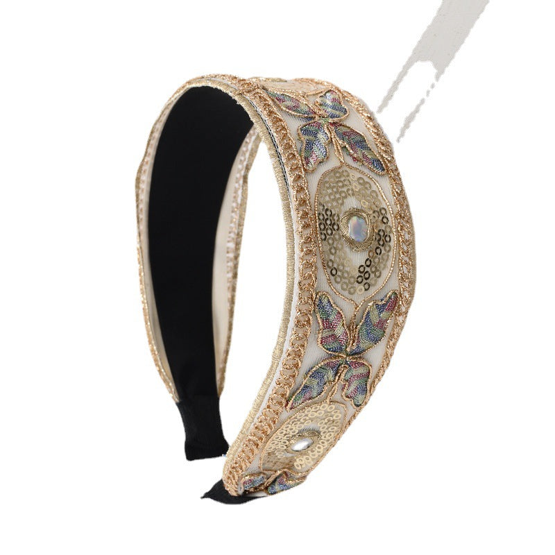 Vintage Butterfly Sequins Hair Band Wide Edge Wild Flowers