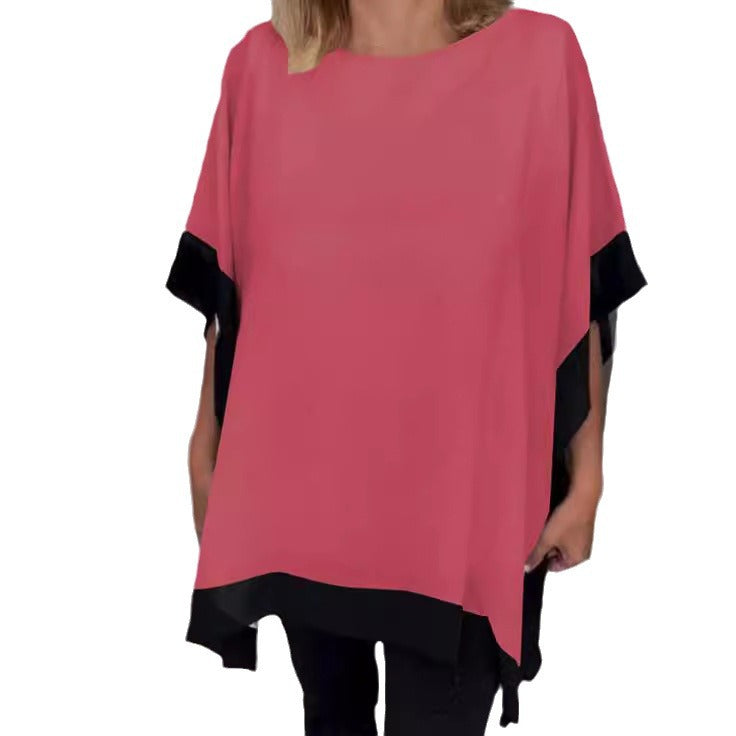 Front Chest Round Neck Loose Short Sleeves Batwing Sleeve Solid Color Stitching T-shirt