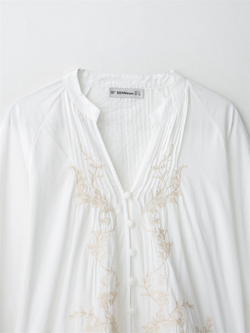 Ethnic Floral Positioning Embroidered Flower Long Sleeve Shirt