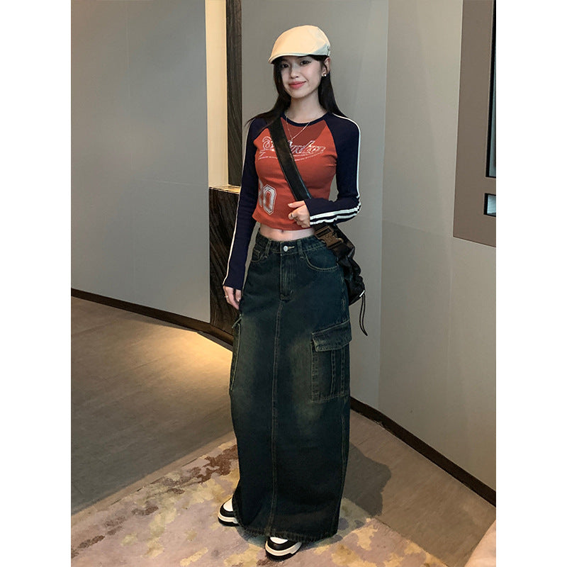 Large Pocket Design High Waist Mid-length Hip Skirt Heavy Industry Cement Yellow Do The Old Cowboy Skirt