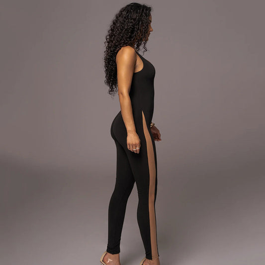 Women's Fashionable Soft Belly Contracting Stitched Backless Trousers Jumpsuit