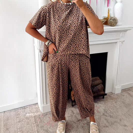 Womens Leopard-print Loose Top And Pants Two-piece Set