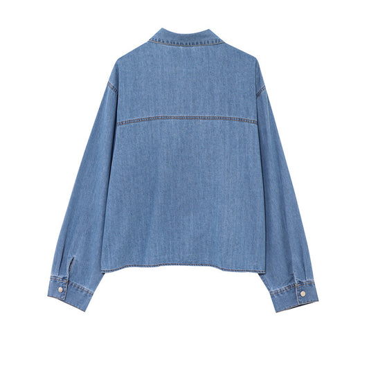 Fashionable Neckline Bowknot Decoration Denim Shirt