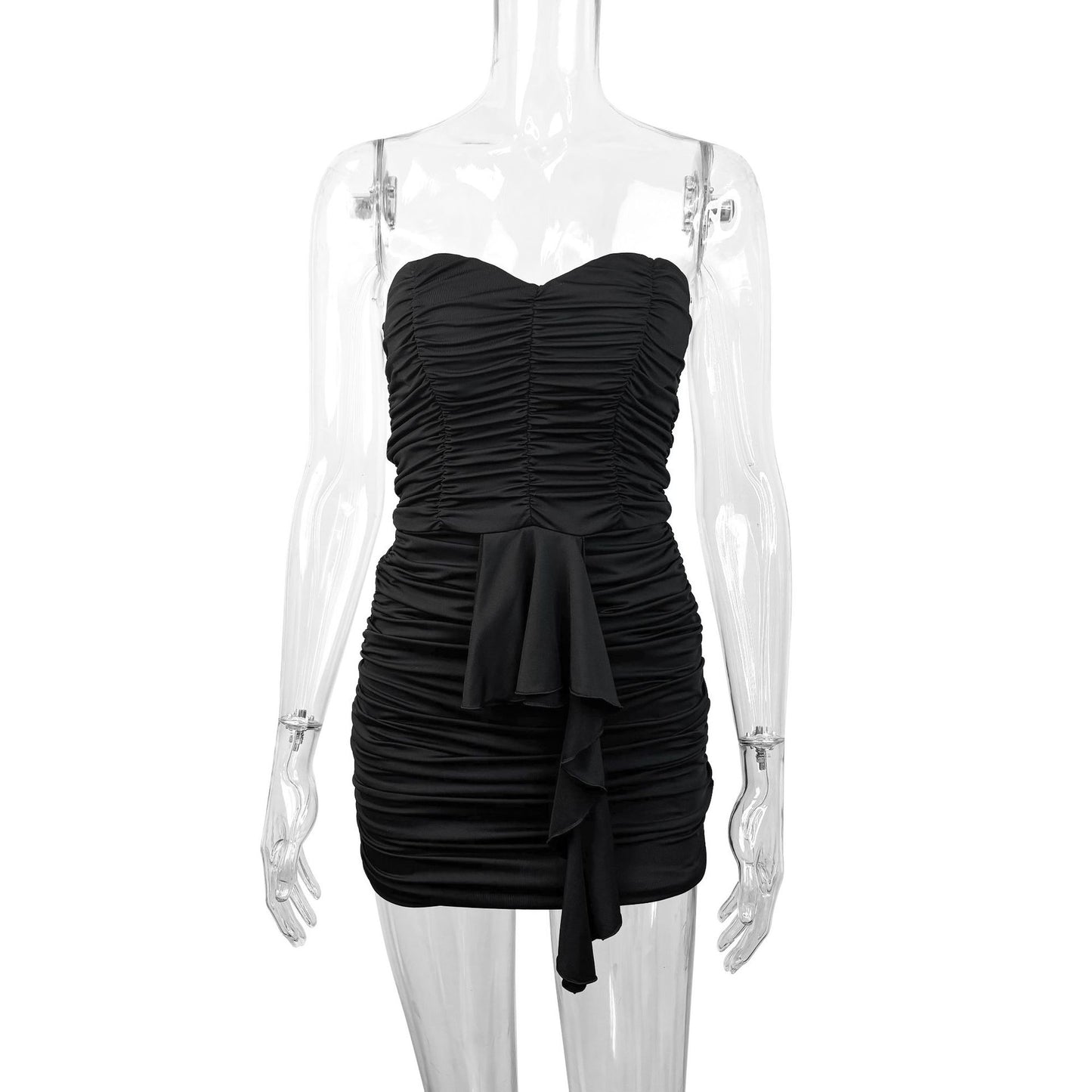 Sexy, Fashionable Off-shoulder Dress With Pleated Ruffles And Flowing Ribbons