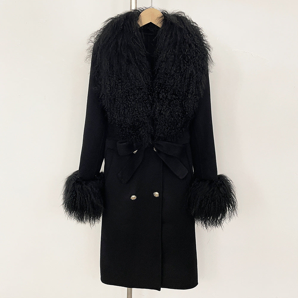 Long Double-faced Wool Coat With A Shearling Collar