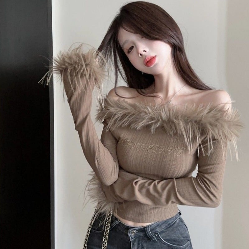 American-style Rhinestone-embellished Short-length Long-sleeve Base Shirt