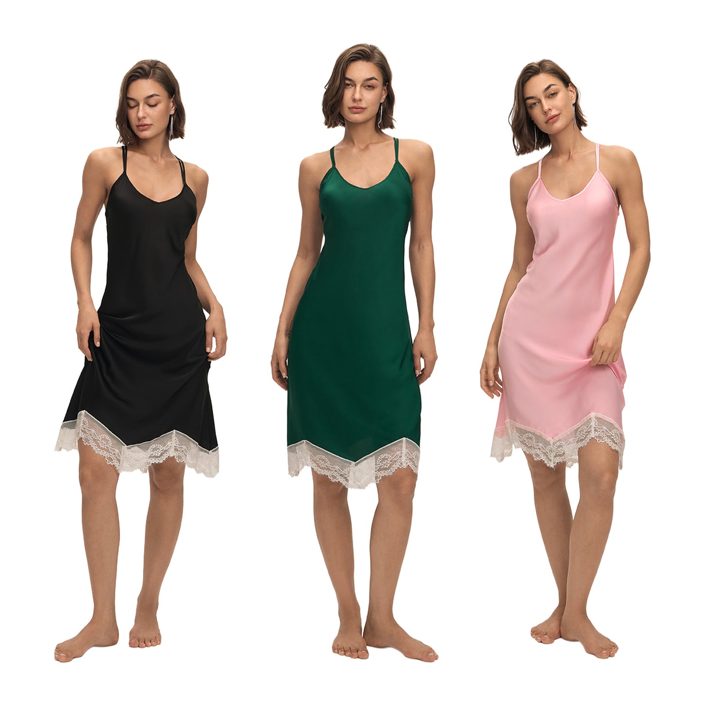 Solid-color Satin Patchwork Lace Backless Camisole Pajamas