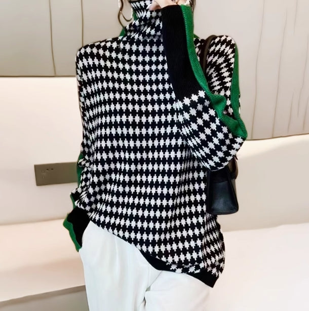 Plisseret Jacquard Turtleneck Sweater Languid Basis Striktrøje Til Kvinder