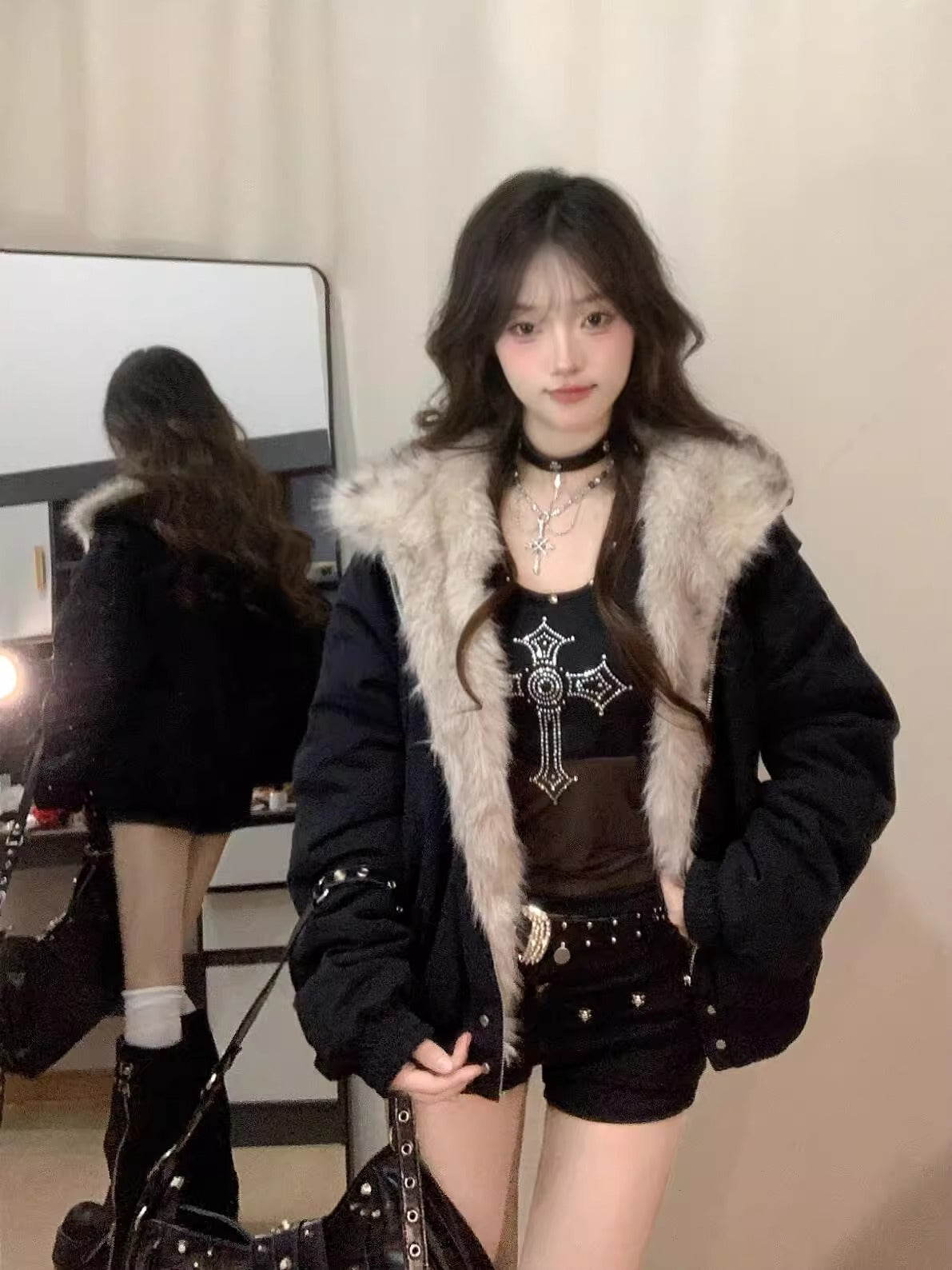 Thickened Fur Collar Hood Cotton-padded Coat For Women